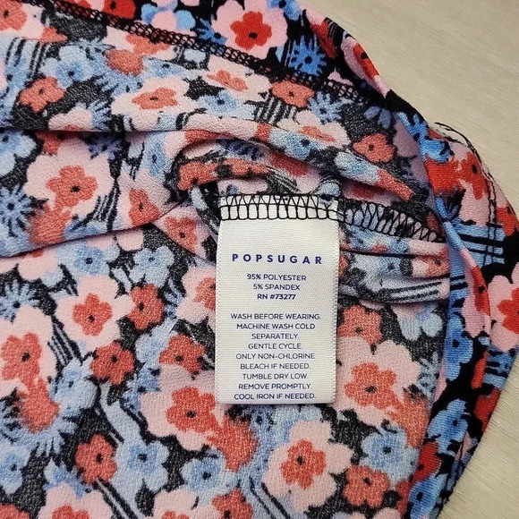 🛍Popsugar Red Blue Floral 3/4 Cinched Sleeve Square Neck Blouse Womens Large - Picture 6 of 6